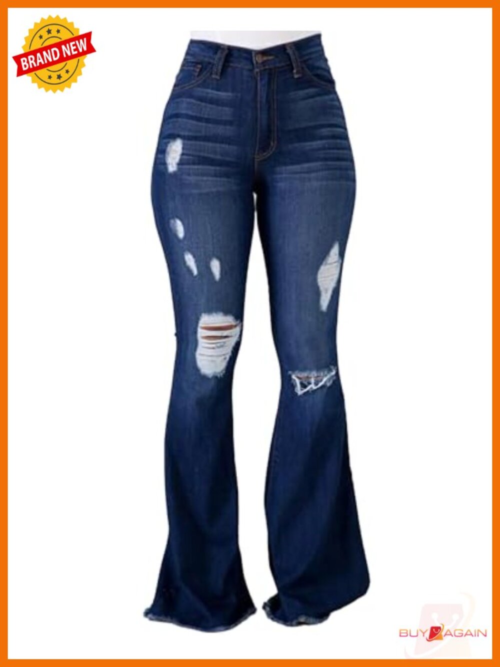 High Waist Ripped Flare Jeans Cotton Blend Stretch 90s Denim